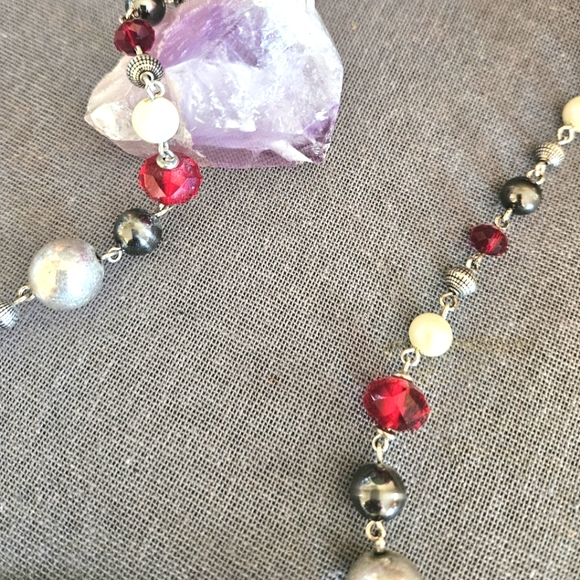 Premier Designs long necklace & fishhook earrings antiqued silver red pearl new - Picture 5 of 14